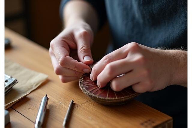 熟練の職人が三味線の修理をしている様子