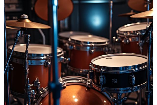 スタジオ内のドラムセットとアンプ